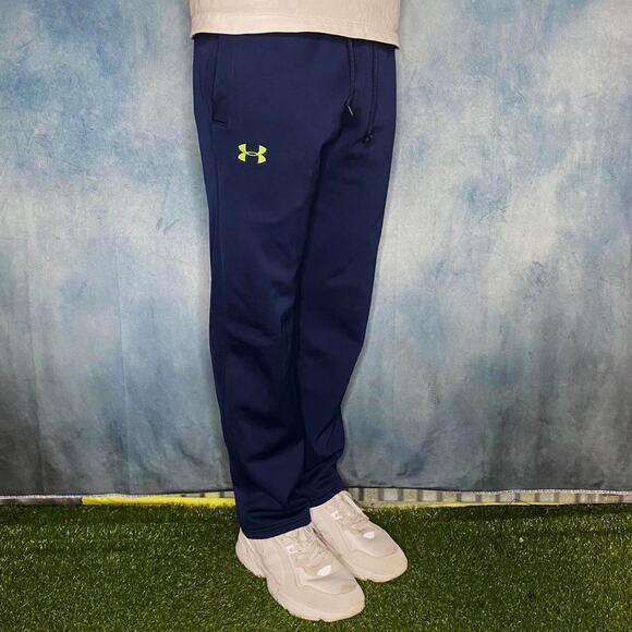 Under Armour Sweatpants Navy Blue Polyester Green Embroidered Logo Loose Fit - Picture 1 of 4